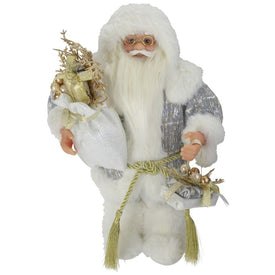 12" White and Gold Standing Santa Carrying a Full Sac of Presents Christmas Figurine