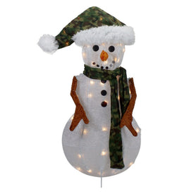 24" White and Green Chenille Snowman Lighted Outdoor Christmas Decoration