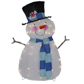 32" White and Blue Chenille Snowman Lighted Outdoor Christmas Decoration