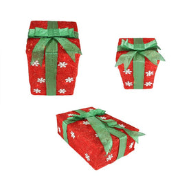 13" Pre-Lit Red and Green Snowflake Gift Boxes Christmas Outdoor Decoration Set of 3