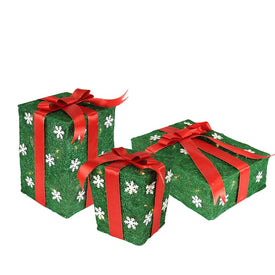 13" Pre-Lit Green and Red Gift Boxes Outdoor Christmas Decorations Set of 3