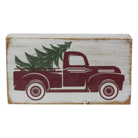 6" White Wooden Christmas Sign with Vintage Red Truck and Tree