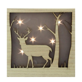 9.75" Male Deer with Antlers and Stars LED Lighted Christmas Wooden Box