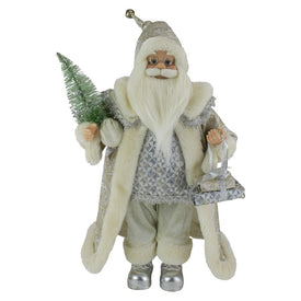 12" Ivory Standing Santa Christmas Figurine Carrying a Green Pine Tree