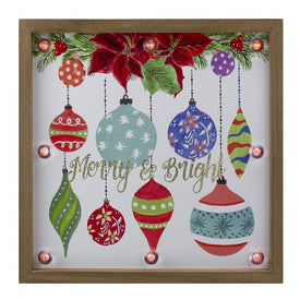 11.8" Merry and Bright and Hanging Ornaments and Glitter Christmas Plaque with Brown Wooden Frame