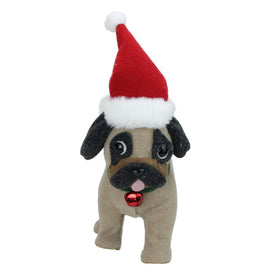 13.25" Plush Brown and Gray Pug Dog with Santa Hat Christmas Decoration