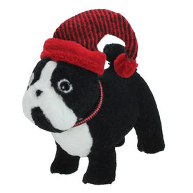 11.5" Black and White Plush Standing Bulldog with Red Hat Christmas Decoration