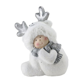 12.5" White and Gray Smiling Child with Reindeer Snow Suit Christmas Tabletop Decoration