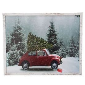 19" White Distressed Frame Red Vintage VW Car LED Lighted Christmas Canvas