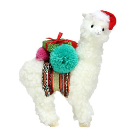 10" White Plush Bohemian Llama Christmas Figurine with Pom-poms