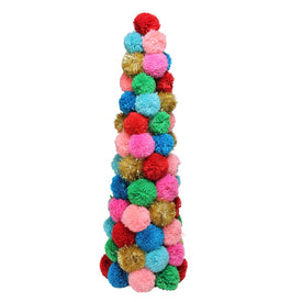 23.75" Multi-Color Bohemian Wool Pom-pom Christmas Cone Tree