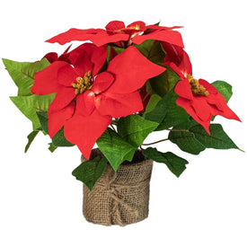 11" Red Artificial Poinsettia Potted Plant with Clear LED Lights