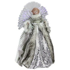 16" Angel In Silver Gingham Coat Lighted Fiber Optic Christmas Tree Topper