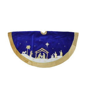 48" Blue and Gold Nativity Scene Christmas Tree Skirt with Gold Border