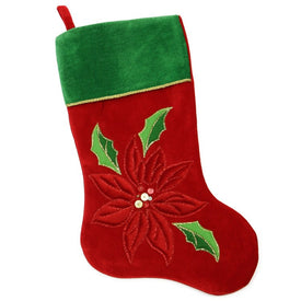 20" Red and Green Velveteen Sequined Poinsettia Christmas Stocking