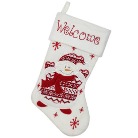 15.75" Red and White Welcome Snowman Embroidered Christmas Stocking