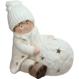 12.5" White Christmas Snowball with Sitting Boy Tealight Candle Holder