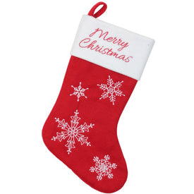 16" Red and White Merry Christmas Snowflake Embroidered Christmas Stocking