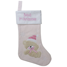 19" Pink and White Baby's 1st Christmas Embroidered Teddy Bear Christmas Stocking
