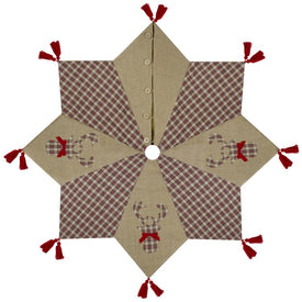 48" Red and Brown Burlap and Plaid Reindeer Christmas Tree Skirt with Tassels