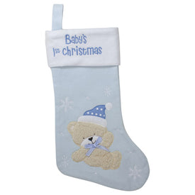 19" Blue and White Baby's 1st Christmas Embroidered Teddy Bear Christmas Stocking