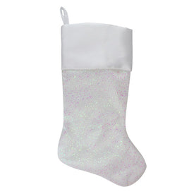 22.25" White with Pink Iridescent Glitter Christmas Stocking with Satin Cuff