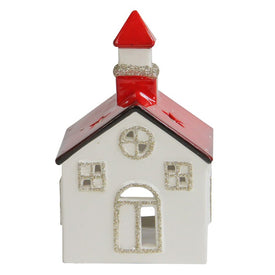 6" White and Red Ceramic Church Flameless Christmas Candle Holder
