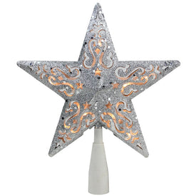 8.5" Silver Glitter Star Lighted Cut Out Design Christmas Tree Topper with Clear Lights