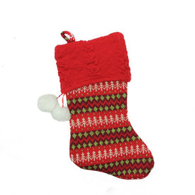 19" Red and Green Sweater Knit Christmas Stocking with Pom-Poms