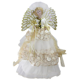 16" White and Gold Angel In Sequined Gown Lighted Christmas Tree Topper