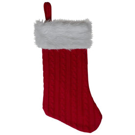 19" Red and White Cable Knit Christmas Stocking with Faux Fur Cuff