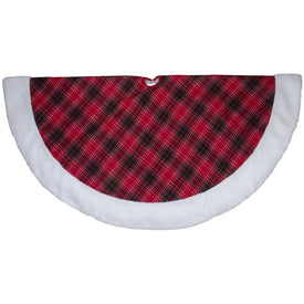 60" Red and Green Plaid Christmas Tree Skirt with White Sherpa Trim