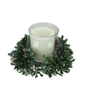 6" Clear and Green Berry-tipped Boxwood Christmas Hurricane Pillar Candle Holder