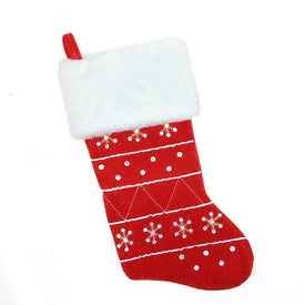 19" Red and White Embroidered Snowflake Cuffed Christmas Stocking