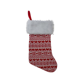 19" Red and White Hearts with Snowflakes Knit Christmas Stocking with Faux Fur Cuff