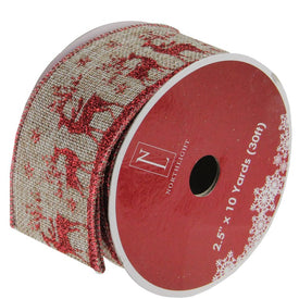 2.5" x 10 Yards Red and Beige Reindeer Burlap Wired Christmas Craft Ribbon