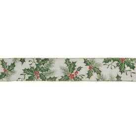 2.5" x 16 Yards Ivory and Green Holly Leaves Wired Christmas Craft Ribbon