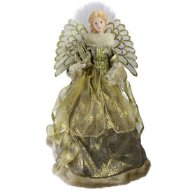 16" Gold and Brown Angel In Gown with Harp Lighted Christmas Tree Topper