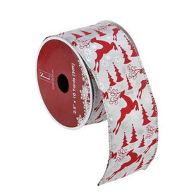 2.5" x 10 Yards Silver and Red Flying Reindeer Wired Christmas Craft Ribbon