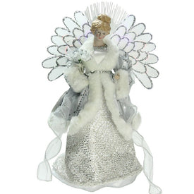 13" Gray and Silver Lighted Fiber Optic Angel In Gown Christmas Tree Topper with Multi-Color Lights