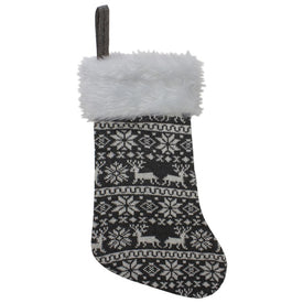 19" Gray and White Reindeer and Snowflake Knit Christmas Stocking with Faux Fur Cuff