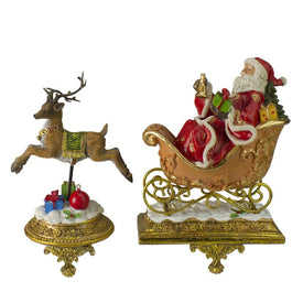 9.5" Gold Santa and Reindeer Glittered Christmas Stocking Holders Set of 2