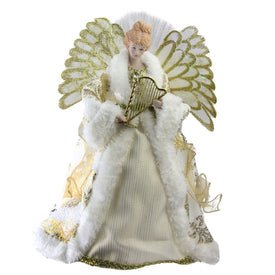 12" Angel In Gold and Cream Gown with Harp Lighted Fiber Optic Christmas Tree Topper