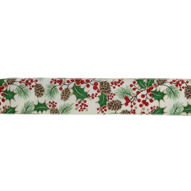 2.5" x 16 Yards Glitter White and Green Holly Berries Wired Christmas Craft Ribbon