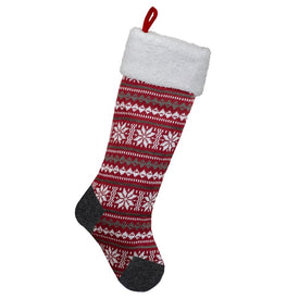 23" Red Gray and White Knit Christmas Stocking with Sherpa Cuff
