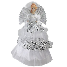 16" White and Silver Angel In Sequined Gown Lighted Fiber Optic Christmas Tree Topper