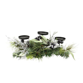 22" Green and Silver Mixed Pine with Blueberries Christmas Candle Holder Centerpiece