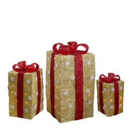18" Lighted Tall Gold Sisal Gift Boxes with Red Bows Christmas Outdoor Decoration Set of 3