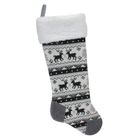 21" Black Gray and White Rustic Lodge Knit Christmas Stocking with Sherpa Cuff