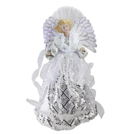 16" White and Silver Angel In Sequined Gown Lighted Christmas Tree Topper